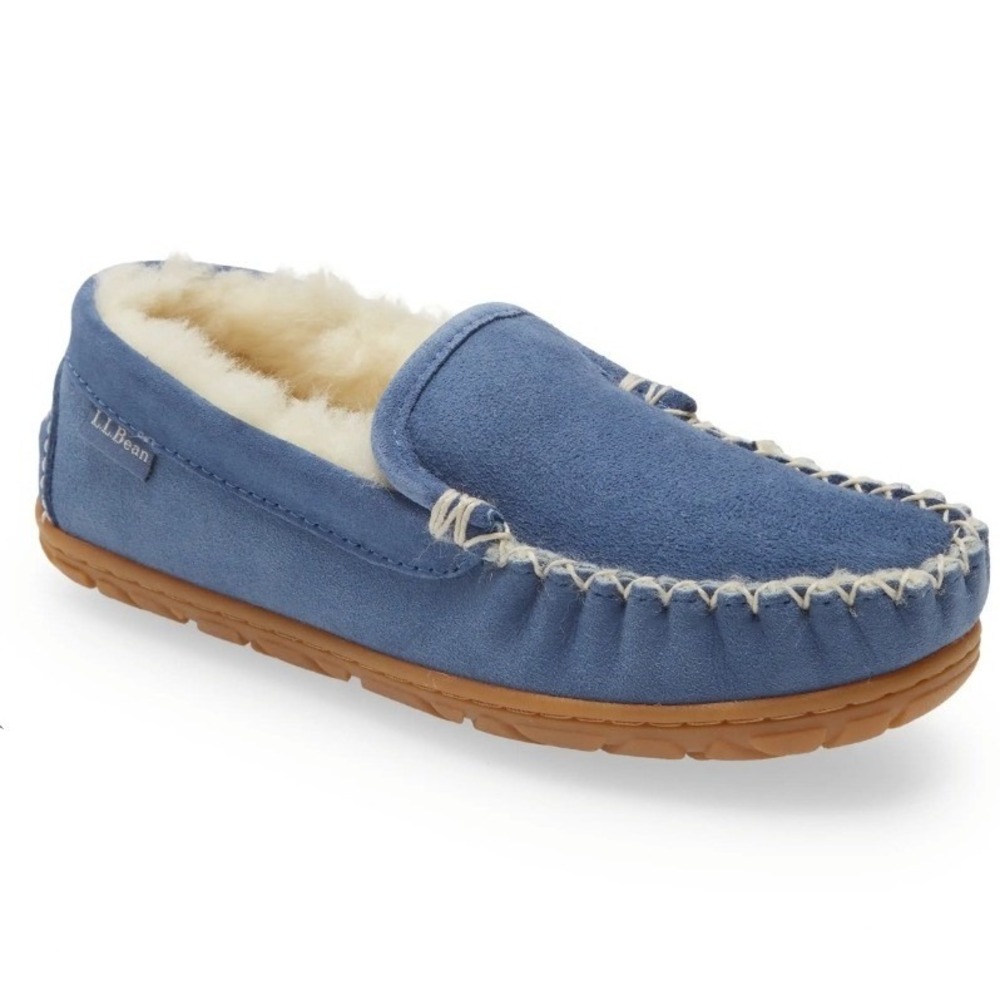 LL Bean Wicked Good Slippers Venetian Blue Suede Shearling Slippers Women 8 NWOT